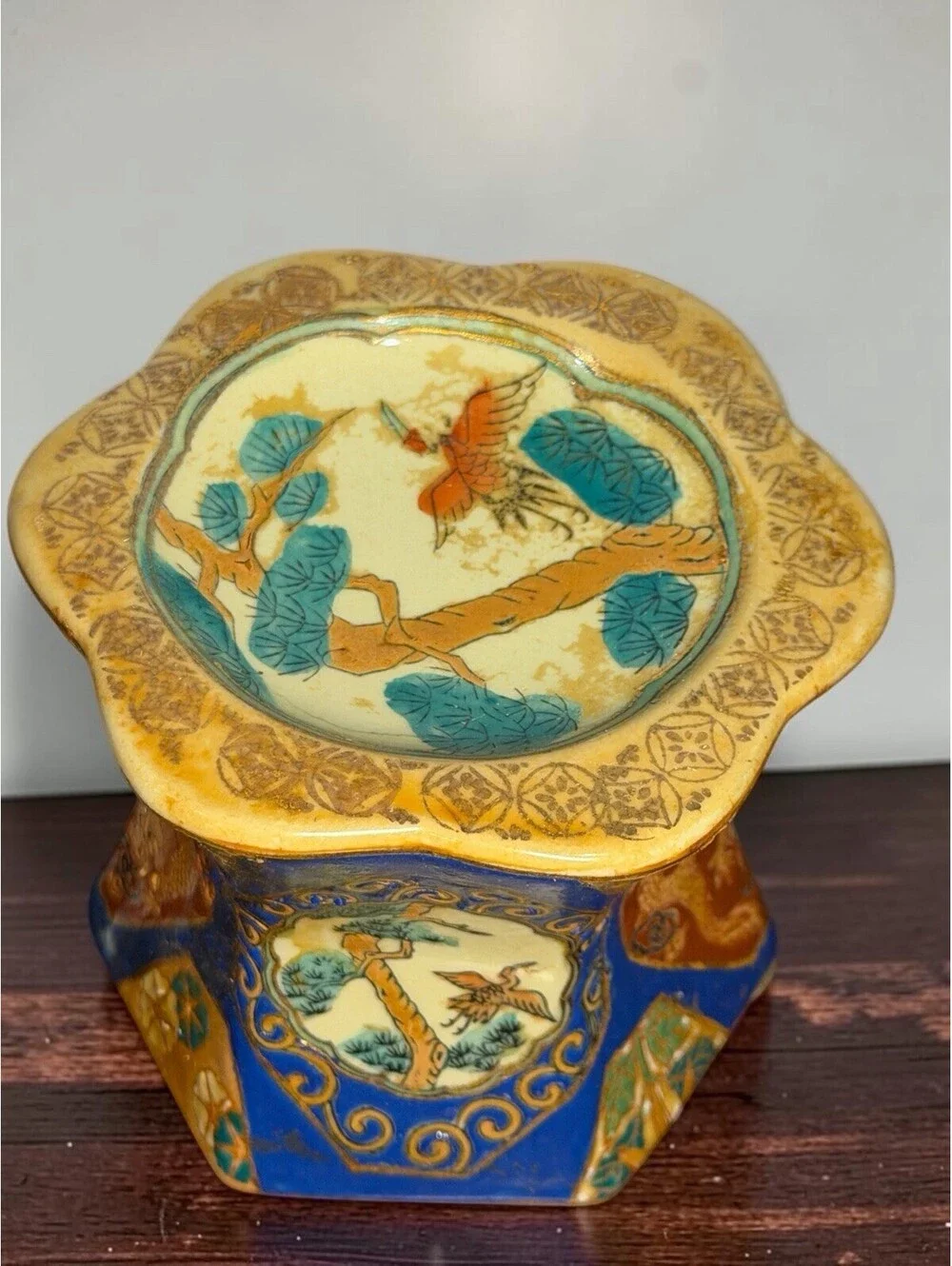 Vintage China Neiman Marcus Pillar Candle Holder Satsuma Style Dragon Crane 5”